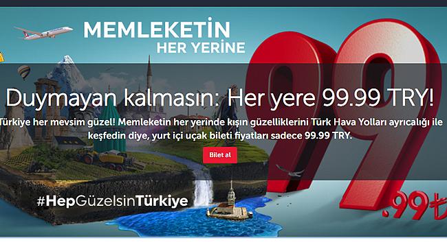 تذاكر الطيران من الخطوط الجوية التركية الداخلية بـ99 ليرة فقط