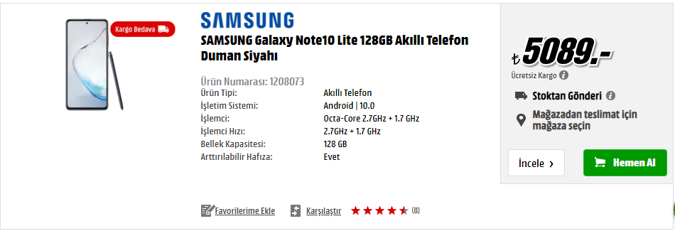 سعر هاتف Samsung Galaxy Note 10 Lite في ميديا ماركت mediamarkt التركية