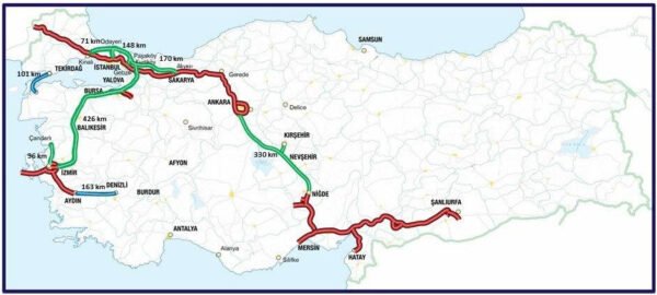 خريطة توضح شبكة الطرق السريعة في تركيا