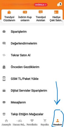 لقطة شاشة- الضغط على  زر Hesabim  بعد تسجيل الدخول لحسابك الخاص على ترينديول