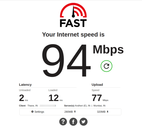 معلومات سرعة الانترنت لدي اثناء فتح تطبيق FAST Speed Test